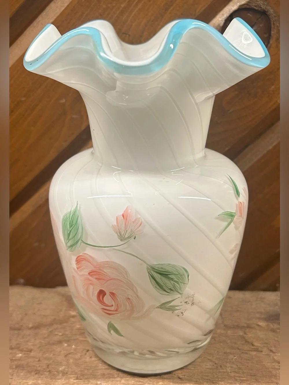 Vintage Fenton for Teleflora Hand-Painted White Optic Swirl Vase